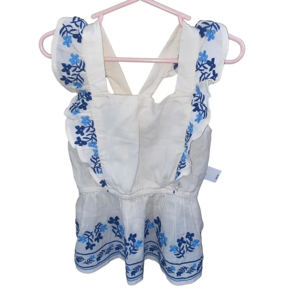 Old Navy Girls Embroidered Ruffle Top White Blue Size S 6/7 NWT